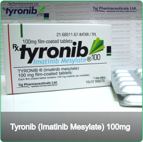 Tyronib (Imatinib Mesylate) - 100mg (100 Tablets)Abstract: Imatinib is an orally adminstered drug used to treat  a number of types of cancer, including chronic myelogenous leukemia (CML)